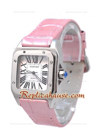 Cartier Santos 100 Ladies Replica Watch in Light Pink Strap