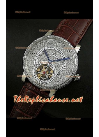 Cartier Calibre Tourbillon Watch with Diamonds Dial Brown Strap