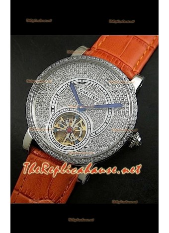 Cartier Calibre Tourbillon Watch with Diamonds Dial Light Brown Strap