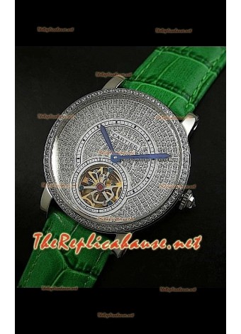 Cartier Calibre Tourbillon Watch with Diamonds Dial Green Strap