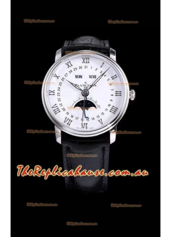 Blancpain "Villeret Quantième Complet" 904L Steel Swiss Timepiece in White Dial