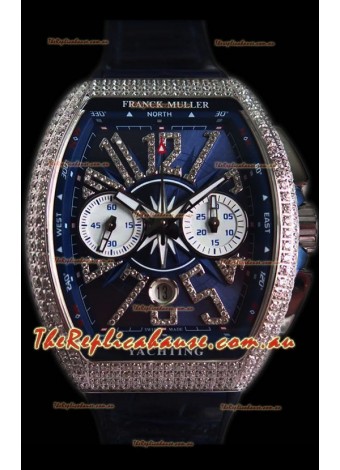 Franck Muller Vanguard Chronograph 904L Steel Blue Dial with Diamonds Swiss Timepiece 