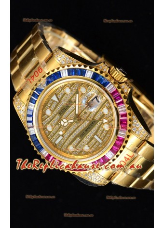 Rolex GMT Masters II Iced out Swiss Timepiece with Yellow Gold 904L Case