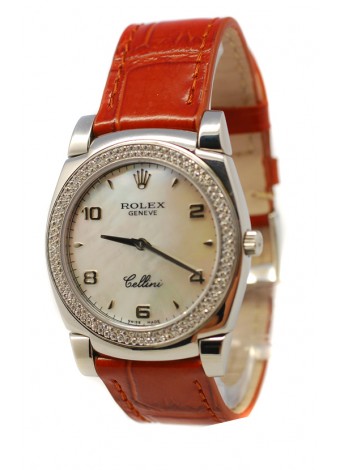 Rolex Cellini Cestello Ladies Swiss Watch Pearl Face Leather Strap Diamonds Bezel