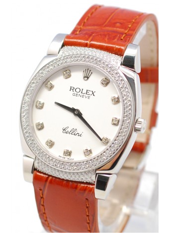 Rolex Cellini Cestello Ladies Swiss Watch White Face Leather Strap Diamonds Hour, Bezel and Lugs