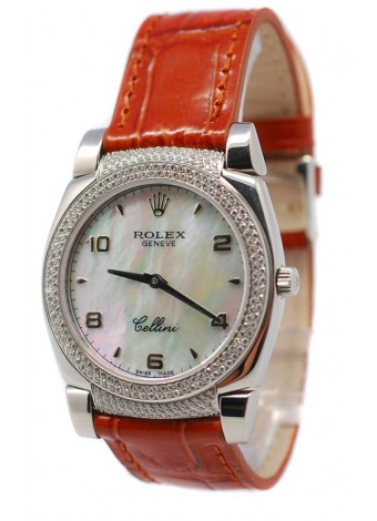 Rolex Cellini Cestello Ladies Swiss Watch Beige Pearl Face Leather Strap Diamonds Bezel and Lugs