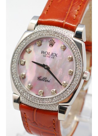 Rolex Cellini Cestello Ladies Swiss Watch Pink Pearl Face Leather Strap Diamonds Hour, Bezel and Lugs