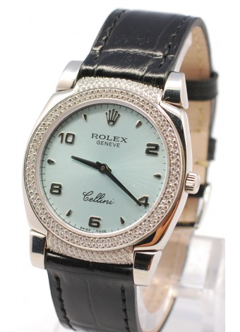 Rolex Cellini Cestello Ladies Swiss Watch Blue Face Black Leather Strap Diamonds Bezel and Lugs