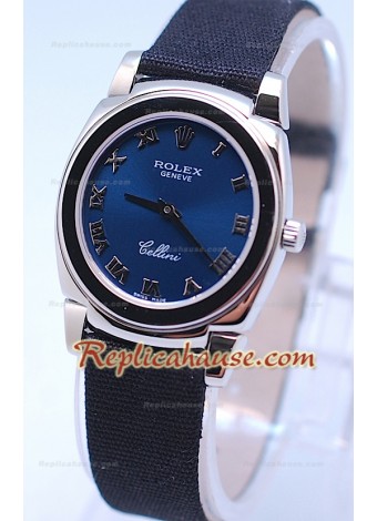 Rolex Cellini Cestello Ladies Swiss Watch Roman Blue Silver Face Nylon Strap