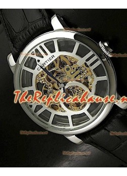 Mens Ronde De Cartier Replica Watch in Black Leather - 43MM