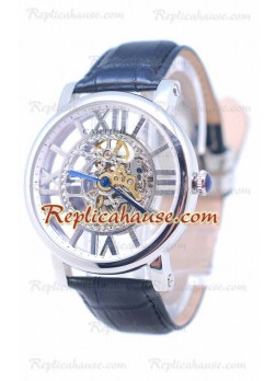Cartier De Rotonde Skeleton Silver Wristwatch Black Leather CT-20110516