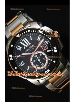 Calibre De Cartier Watch 42MM Black Dial Two Tone Case -  1:1 Mirror Replica Watch