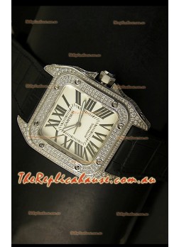 Cartier Santos 100 1:1 Mirror Replica Steel Diamonds Watch Mens Size 42MM