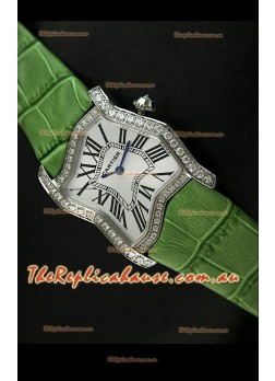 Cartier Tank Folle Ladies Replica Watch in Steel Case/Green Strap