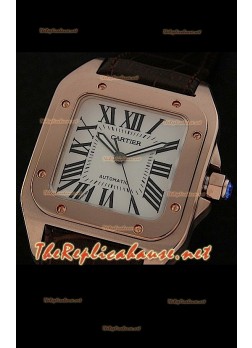 Cartier Santos 100 Swiss Replica watch in Rose Gold - White Dial