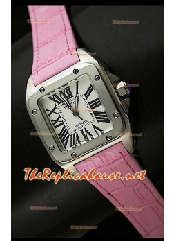 Cartier Santos 100 Swiss Ladies Automatic Watch in Pink Leather - 33MM
