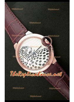 Ballon De Cartier Pink Gold Watch with Leopard Dial in Brown Strap
