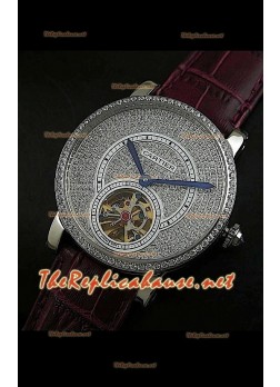 Cartier Calibre Tourbillon Watch with Diamonds Dial Red Strap