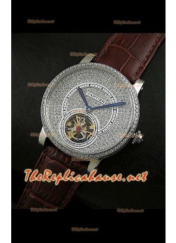 Cartier Calibre Tourbillon Watch with Diamonds Dial Brown Strap