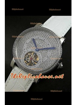Cartier Calibre Tourbillon Watch with Diamonds Dial White Strap