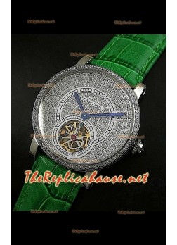 Cartier Calibre Tourbillon Watch with Diamonds Dial Green Strap