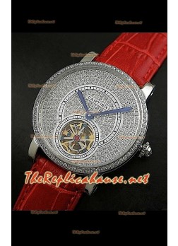 Cartier Calibre Tourbillon Watch with Diamonds Dial Red Strap
