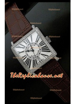 Franck Muller Master Square Watch with Dark Brown Strap White Dial