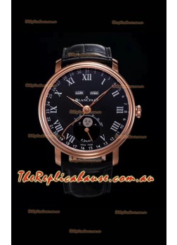 Blancpain "Villeret Quantième Complet" 904L Steel Rose Gold Timepiece in Black Dial