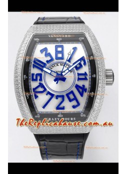 Franck Muller Vanguard Crazy Hours in Stainless Steel Diamonds - White Dial Swiss Replica Watch 