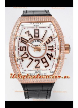 Franck Muller Vanguard Crazy Hours Rose Gold Diamonds - White Dial Swiss Replica Watch 