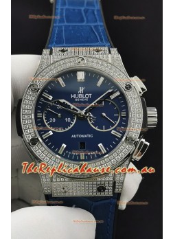 Hublot Classic Fusion Chronograph Steel Diamonds Casing Blue Dial 1:1 Mirror Replica Watch 