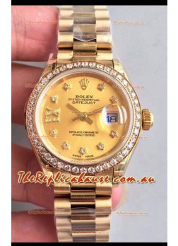 Rolex Datejust Ladies 28MM Cal.3135 Movement Swiss Replica in Gold Dial - 904L Steel Yellow Gold Case