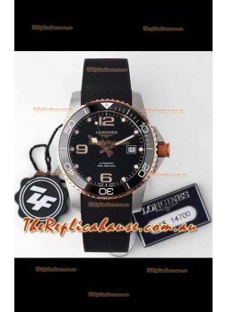 Longines HydroConquest 1:1 Swiss Replica Watch in Black Dial Rubber Strap Rose Gold Bezel