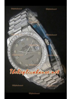 Rolex DayDate Swiss Replica Watch in Grey Dial - Diamonds Hour Markers