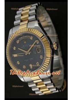 Rolex Replica Day Date Two Tone Japanese Watch in Black Dial 