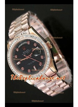 Rolex Day Date Swiss Replica Watch - Mid Sized 37MM - Everose Black Dial