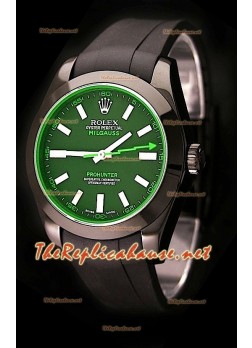 Rolex Milgauss Pro Hunter Swiss Watch in Rubber Strap with Green Sapphire