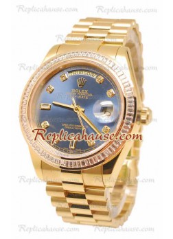 Rolex Day Date II Blue Dial Gold Swiss Wristwatch Diamonds Bezel 43MM ROLX-20101385