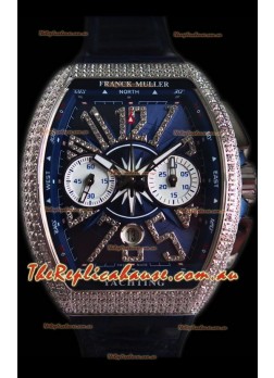 Franck Muller Vanguard Chronograph 904L Steel Blue Dial with Diamonds Swiss Timepiece 