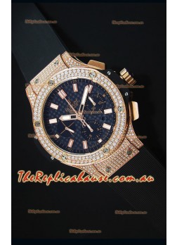 Hublot Big Bang Carbon Dial Diamonds Studded Rose Gold Swiss Timepiece 