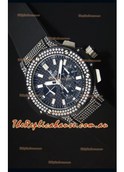 Hublot Big Bang Carbon Dial Diamonds Studded PVD Case Swiss Timepiece 