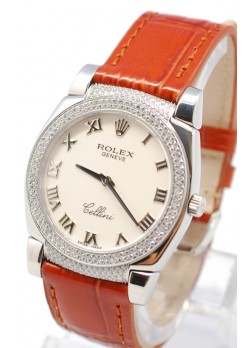 Rolex Cellini Cestello Ladies Swiss Watch Roman White Face Leather Strap Diamonds Bezel and Lugs
