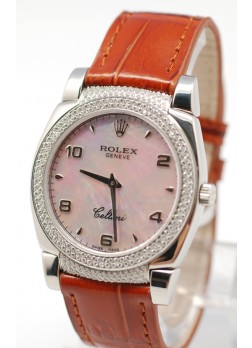 Rolex Cellini Cestello Ladies Swiss Watch Pink Pearl Face Leather Strap Diamonds Bezel and Lugs