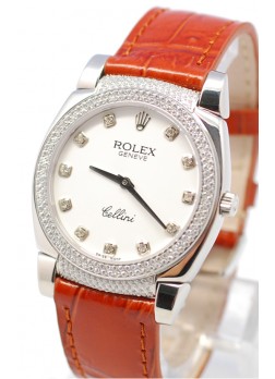 Rolex Cellini Cestello Ladies Swiss Watch White Face Leather Strap Diamonds Hour, Bezel and Lugs