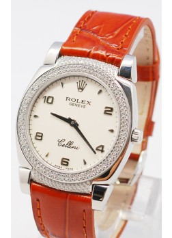 Rolex Cellini Cestello Ladies Swiss Watch White Face Leather Strap Hour, Bezel and Lugs
