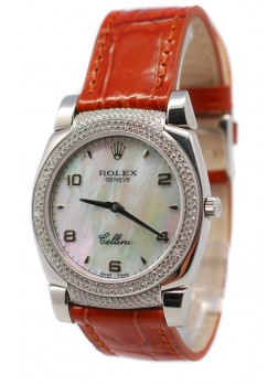 Rolex Cellini Cestello Ladies Swiss Watch Beige Pearl Face Leather Strap Diamonds Bezel and Lugs