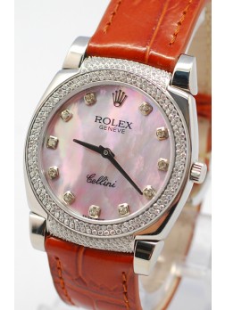 Rolex Cellini Cestello Ladies Swiss Watch Pink Pearl Face Leather Strap Diamonds Hour, Bezel and Lugs