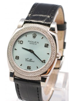 Rolex Cellini Cestello Ladies Swiss Watch Blue Face Black Leather Strap Diamonds Bezel and Lugs