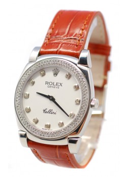 Rolex Cellini Cestello Ladies Swiss Watch White Face Leather Strap Diamonds Bezel and Hour Markers