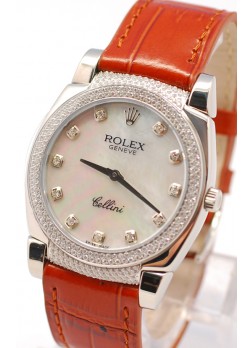 Rolex Cellini Cestello Ladies Swiss Watch White Pearl Face Leather Strap Diamonds Hour, Bezel and Lugs